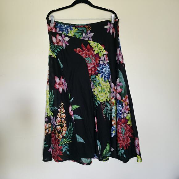Pomodoro Floral Midi Skirt Womens UK 16 US 12 Black Multi Boho Cottage A-line - Picture 5 of 10